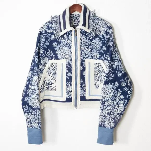 Handmade Cropped Zip Jacket Size L Floral Jacquard Statement Print - Picture 1 of 8
